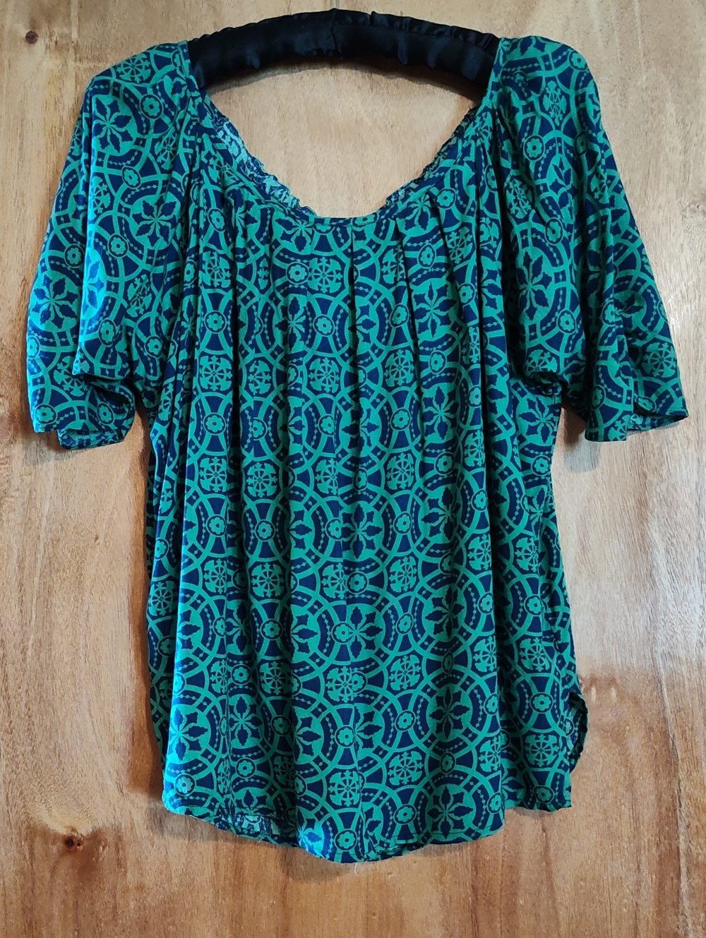Escapada Jojo Blouse Green Navy Tie Back Neckline Flowy Tropical Short Sleeve XL